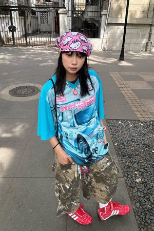 V-Neck Racing Print Spliced Mesh Short Sleeve Jersey T-Shirt - Unisex Loose High Street American Style Fashion Top