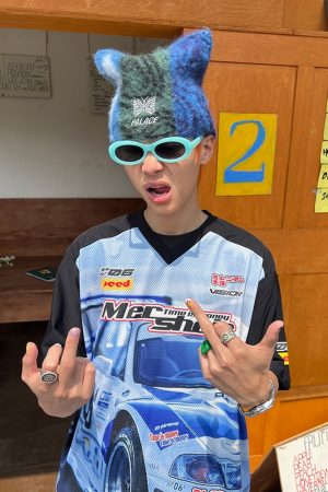 V-Neck Racing Print Spliced Mesh Short Sleeve Jersey T-Shirt - Unisex Loose High Street American Style Fashion Top