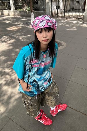 V-Neck Racing Print Spliced Mesh Short Sleeve Jersey T-Shirt - Unisex Loose High Street American Style Fashion Top