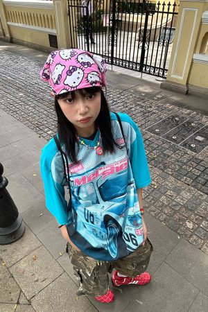 V-Neck Racing Print Spliced Mesh Short Sleeve Jersey T-Shirt - Unisex Loose High Street American Style Fashion Top