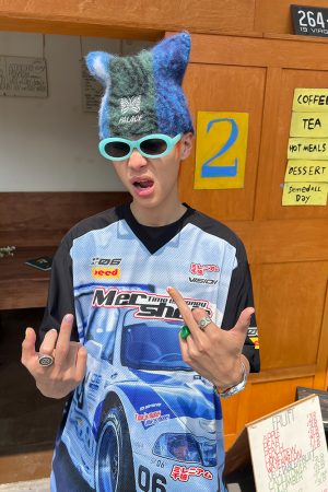 V-Neck Racing Print Spliced Mesh Short Sleeve Jersey T-Shirt - Unisex Loose High Street American Style Fashion Top