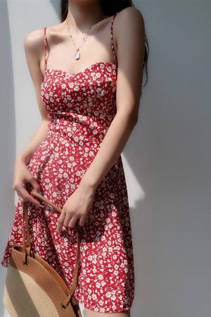 V-neck Red Floral Spaghetti Strap Dress - Vintage Slim Fit Waist-Tie Short Vacation Dress in French Style