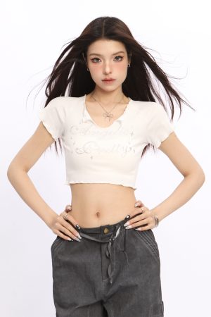V-Neck Rhinestone Letter Short Sleeve Crop Top for Women - Sweet Spicy Girl Style Slim Fit Summer Tee
