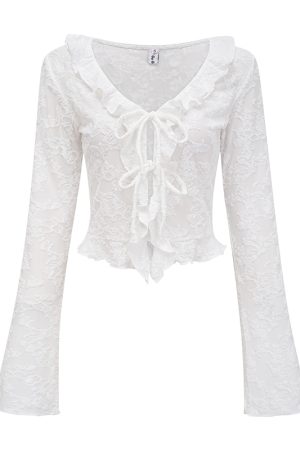 V-neck Ruffled Lace Tie Shirt for Women - Slim Fit Long Sleeve Cardigan - European American Style - Y2K Fashion Top