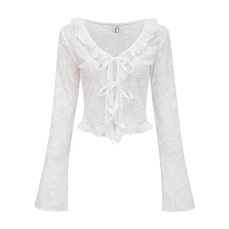 V-neck Ruffled Lace Tie Shirt for Women - Slim Fit Long Sleeve Cardigan - European American Style - Y2K Fashion Top V-neck Ruffled Lace Tie Shirt for Women - Slim Fit Long Sleeve Cardigan - European American Style - Y2K Fashion Top