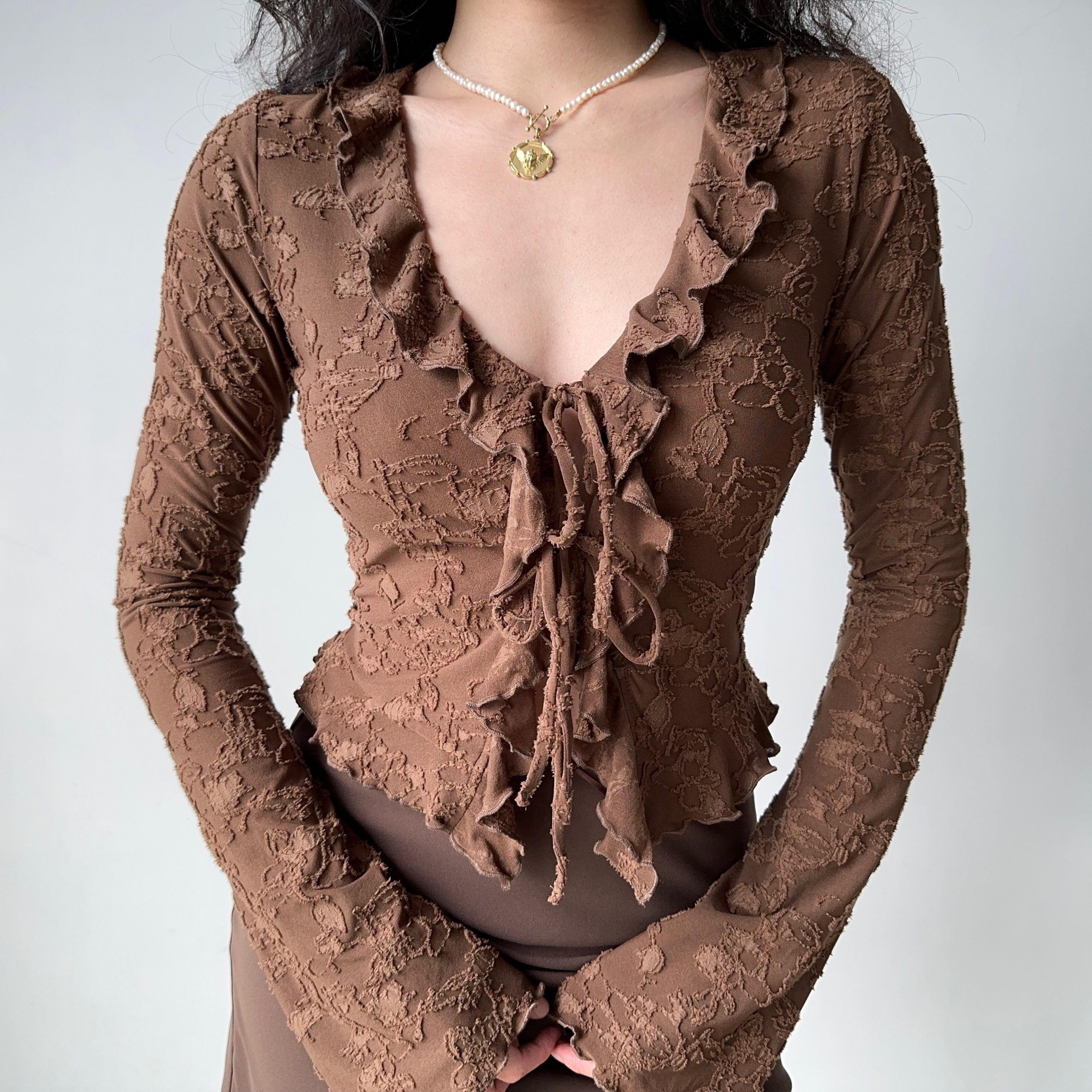 V-neck Ruffled Lace Tie Shirt for Women - Slim Fit Long Sleeve Cardigan - European American Style - Y2K Fashion Top V-neck Ruffled Lace Tie Shirt for Women - Slim Fit Long Sleeve Cardigan - European American Style - Y2K Fashion Top