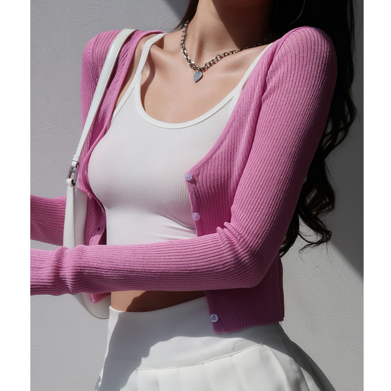 V-Neck Slim-Fit Short Knitted Cardigan for Women - Stylish Summer Long Sleeve Lightweight Top for Air Conditioning & Sun Protection V-Neck Slim-Fit Short Knitted Cardigan for Women - Stylish Summer Long Sleeve Lightweight Top for Air Conditioning & Sun Protection