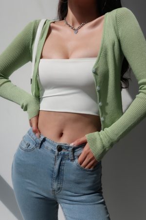 V-Neck Slim-Fit Short Knitted Cardigan for Women - Stylish Summer Long Sleeve Lightweight Top for Air Conditioning & Sun Protection