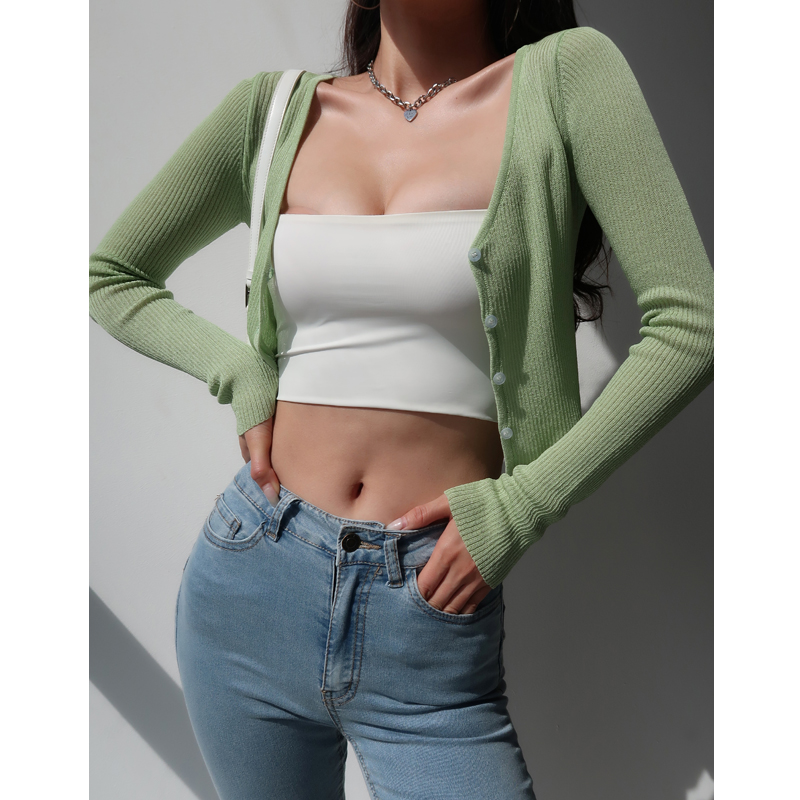 V-Neck Slim-Fit Short Knitted Cardigan for Women - Stylish Summer Long Sleeve Lightweight Top for Air Conditioning & Sun Protection V-Neck Slim-Fit Short Knitted Cardigan for Women - Stylish Summer Long Sleeve Lightweight Top for Air Conditioning & Sun Protection