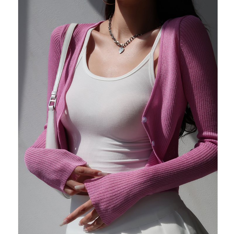 V-Neck Slim-Fit Short Knitted Cardigan for Women - Stylish Summer Long Sleeve Lightweight Top for Air Conditioning & Sun Protection V-Neck Slim-Fit Short Knitted Cardigan for Women - Stylish Summer Long Sleeve Lightweight Top for Air Conditioning & Sun Protection