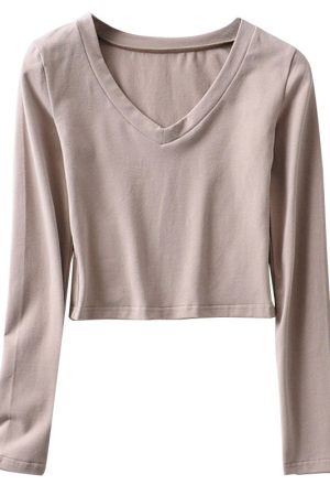 V-Neck Slim High-Waist Cropped Long Sleeve T-Shirt Top for Women - Sexy Solid Color Style, European & American Fashion