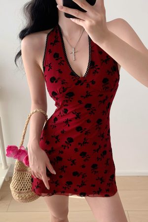 V-Neck Wine Red Floral Tie Neck Sling Dress - Sexy Hot Girl Style for Women, Trendy 90s Inspired Fashion