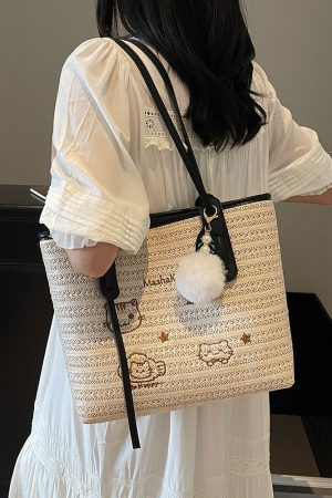 Versatile Cartoon Single-Shoulder Beach Bag for Women - Large-Capacity Straw Tote for Summer 2025 Beach Vacation Style