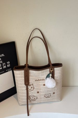 Versatile Cartoon Single-Shoulder Beach Bag for Women - Large-Capacity Straw Tote for Summer 2025 Beach Vacation Style