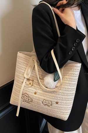 Versatile Cartoon Single-Shoulder Beach Bag for Women - Large-Capacity Straw Tote for Summer 2025 Beach Vacation Style