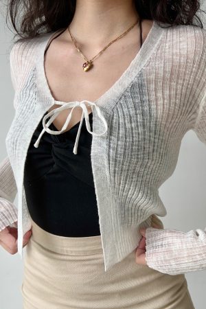 Versatile Lace-Up Thin Knit Cardigan for Women - European American Style Short Long Sleeve Top