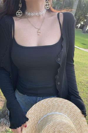 Versatile Soft Elastic Straight-Neck Camisole Cardigan Two-Piece Set with Chest Pad for Effortless Style - DIY Fashion Essential