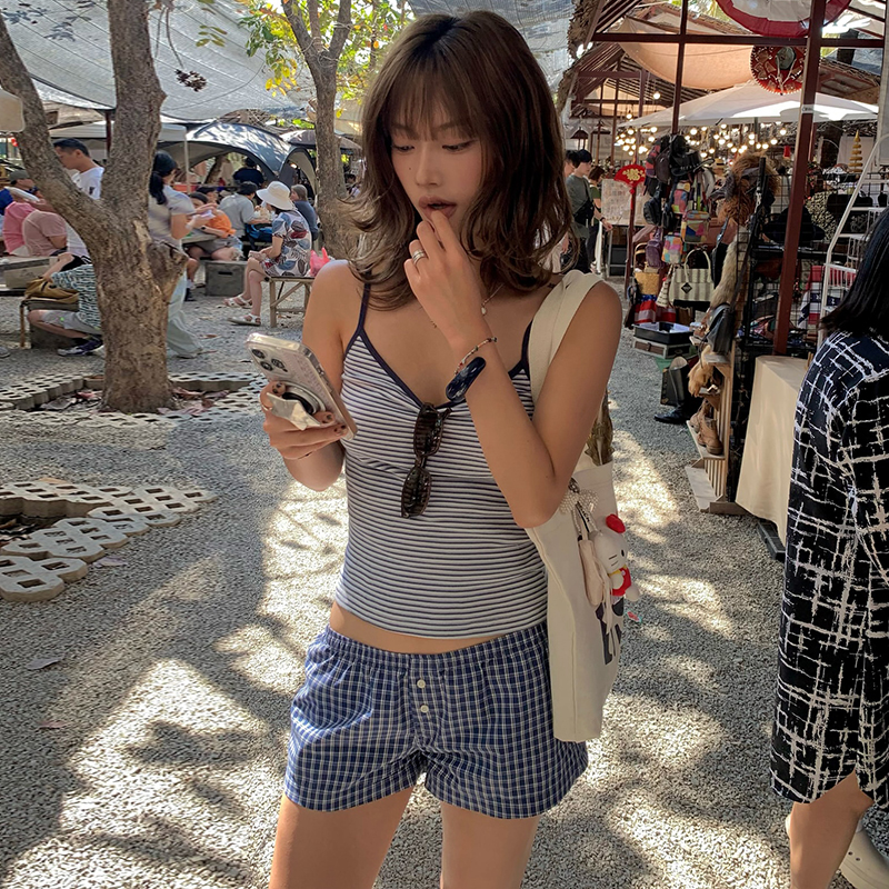 Versatile Striped Camisole and Elastic Checkered Button Low-Waist Casual Shorts Set for Effortless Summer Style Versatile Striped Camisole and Elastic Checkered Button Low-Waist Casual Shorts Set for Effortless Summer Style