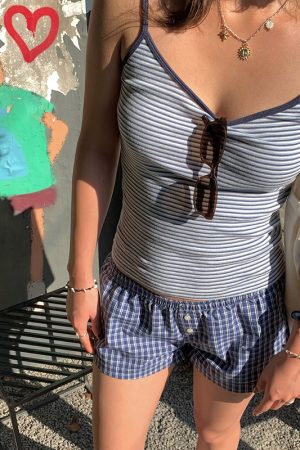 Versatile Striped Camisole and Elastic Checkered Button Low-Waist Casual Shorts Set for Effortless Summer Style