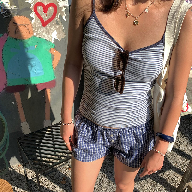 Versatile Striped Camisole and Elastic Checkered Button Low-Waist Casual Shorts Set for Effortless Summer Style Versatile Striped Camisole and Elastic Checkered Button Low-Waist Casual Shorts Set for Effortless Summer Style