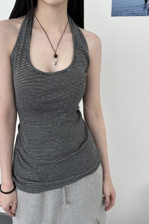 Versatile Striped Halter Backless Casual Top for Women - Slim Fit Summer Camisole, Perfect for 90s and Y2K Fashion