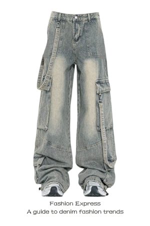 Vintage American High Street Multi-Pocket Denim Pants for Women - Loose Wide-Leg Workwear Trousers, Retro 90s Style