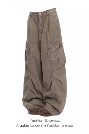 Vintage American High Street Pleated Workwear Jeans for Women - Loose Floor-Length Pants for Autumn and Winter Fashion