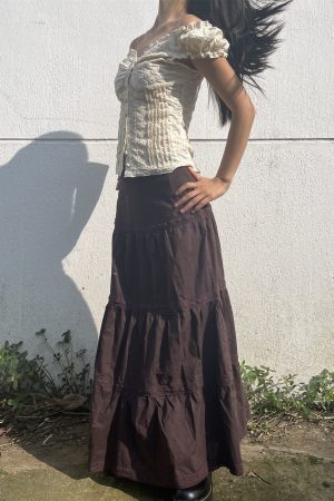 Vintage American Low-Waist Midi Skirt with French Lace Splicing - Versatile Loose Cake Skirt for Women, Y2K Style