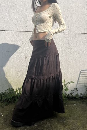 Vintage American Low-Waist Midi Skirt with French Lace Splicing - Versatile Loose Cake Skirt for Women, Y2K Style