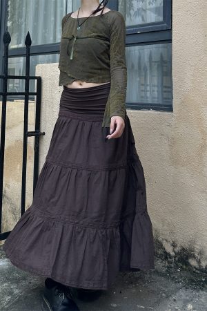 Vintage American Low-Waist Midi Skirt with French Lace Splicing - Versatile Loose Cake Skirt for Women, Y2K Style