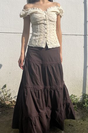 Vintage American Low-Waist Midi Skirt with French Lace Splicing - Versatile Loose Cake Skirt for Women, Y2K Style