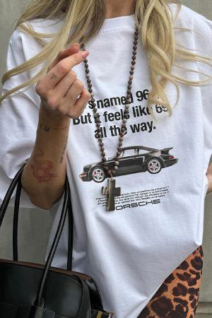 Vintage American Retro Car Pattern Oversized Short-Sleeve T-Shirt for Women - Summer Y2K Trendy Hot Girl Top
