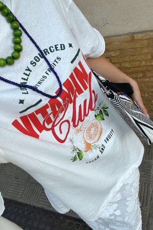 Vintage American Retro Fruit Print Oversized Short Sleeve T-Shirt for Women - Trendy Y2K Style Cotton Top