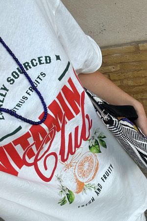 Vintage American Retro Fruit Print Oversized Short Sleeve T-Shirt for Women - Trendy Y2K Style Cotton Top