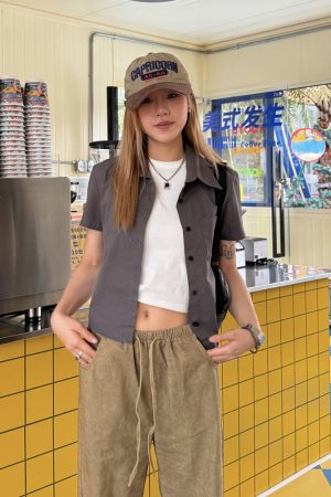 Vintage American Retro Washed Short Sleeve Crop Top for Women - Spicy Girl Summer Shirt with Slim Fit and Stylish Shoulder Design