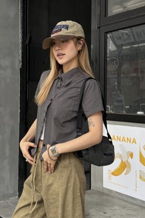 Vintage American Retro Washed Short Sleeve Crop Top for Women - Spicy Girl Summer Shirt with Slim Fit and Stylish Shoulder Design