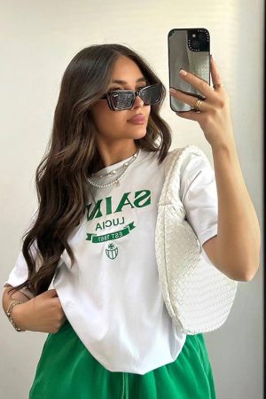 Vintage American Retro White Letter Oversized Short Sleeve T-Shirt for Women - Trendy Y2K Hot Girl Cotton Top