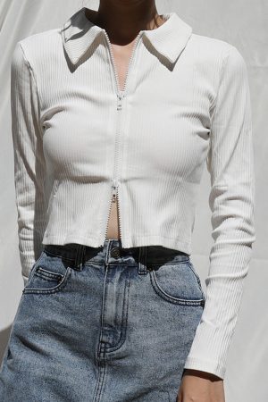 Vintage American Style High-Waisted Ribbed Long Sleeve T-Shirt Cardigan with Double-Head Zipper and Small Lapel