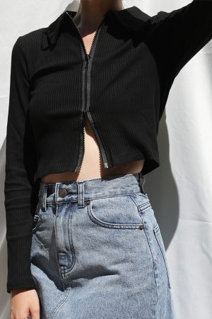 Vintage American Style High-Waisted Ribbed Long Sleeve T-Shirt Cardigan with Double-Head Zipper and Small Lapel