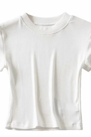 Vintage American-Style Slim-Fit Cropped T-Shirt with Round Neck and Short Sleeves - Flattering High-Waisted Design for Effortless Style