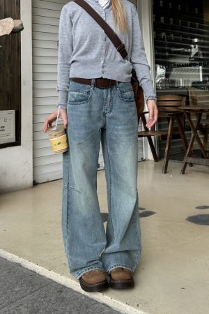 Vintage American Washed Micro-Flare Workwear Jeans for Men and Women - Loose Fit Embroidered Casual Pants, 90s Inspired Fashion