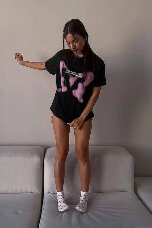 Vintage Black Butterfly Cotton Short-Sleeve T-Shirt for Women - Retro Oversized Y2K Trendy Top