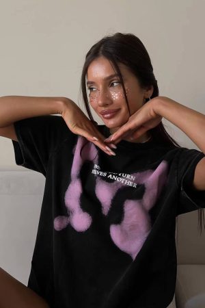 Vintage Black Butterfly Cotton Short-Sleeve T-Shirt for Women - Retro Oversized Y2K Trendy Top