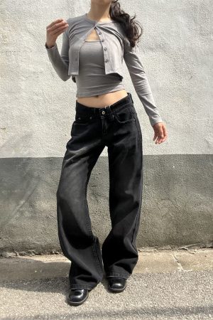 Vintage Black Washed Straight-Leg Low-Waist Slim Fit Loose Floor-Length Jeans for Women - American Style 90s Fashion