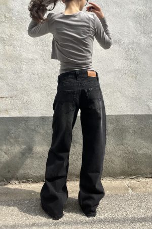 Vintage Black Washed Straight-Leg Low-Waist Slim Fit Loose Floor-Length Jeans for Women - American Style 90s Fashion