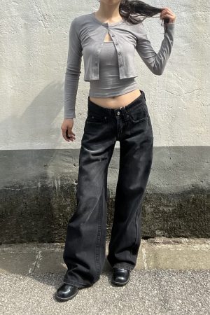 Vintage Black Washed Straight-Leg Low-Waist Slim Fit Loose Floor-Length Jeans for Women - American Style 90s Fashion