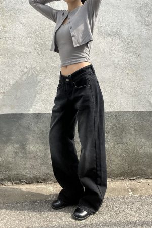Vintage Black Washed Straight-Leg Low-Waist Slim Fit Loose Floor-Length Jeans for Women - American Style 90s Fashion