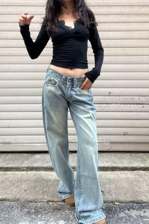 Vintage Blue Embroidered Low-Waist Straight-Leg Jeans for Women - Slim Fit Loose Floor-Length Y2K Style Pants