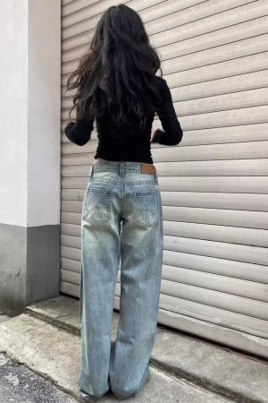 Vintage Blue Embroidered Low-Waist Straight-Leg Jeans for Women - Slim Fit Loose Floor-Length Y2K Style Pants