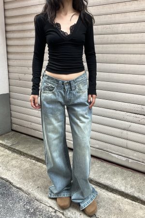 Vintage Blue Embroidered Low-Waist Straight-Leg Jeans for Women - Slim Fit Loose Floor-Length Y2K Style Pants